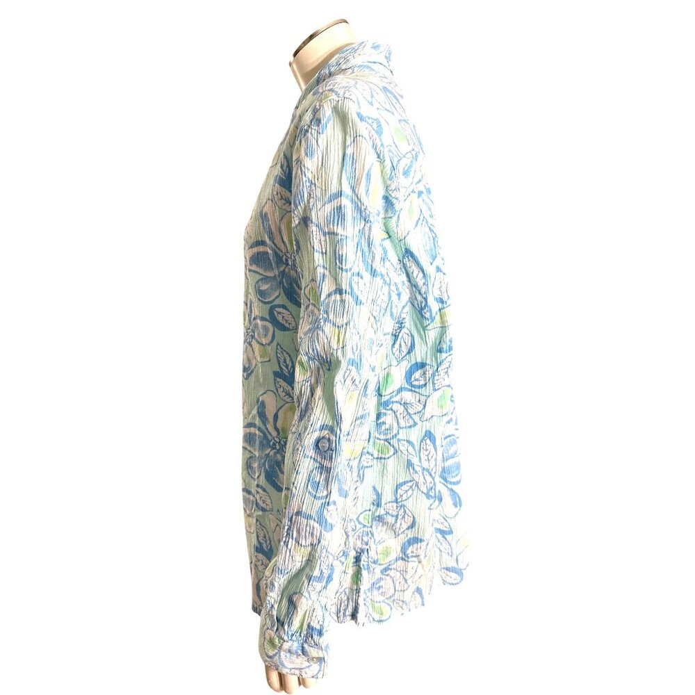 Appleseeds Size Large Blue Green Floral Button Shirt Coastal Garden Style Casual - Picture 4 of 10
